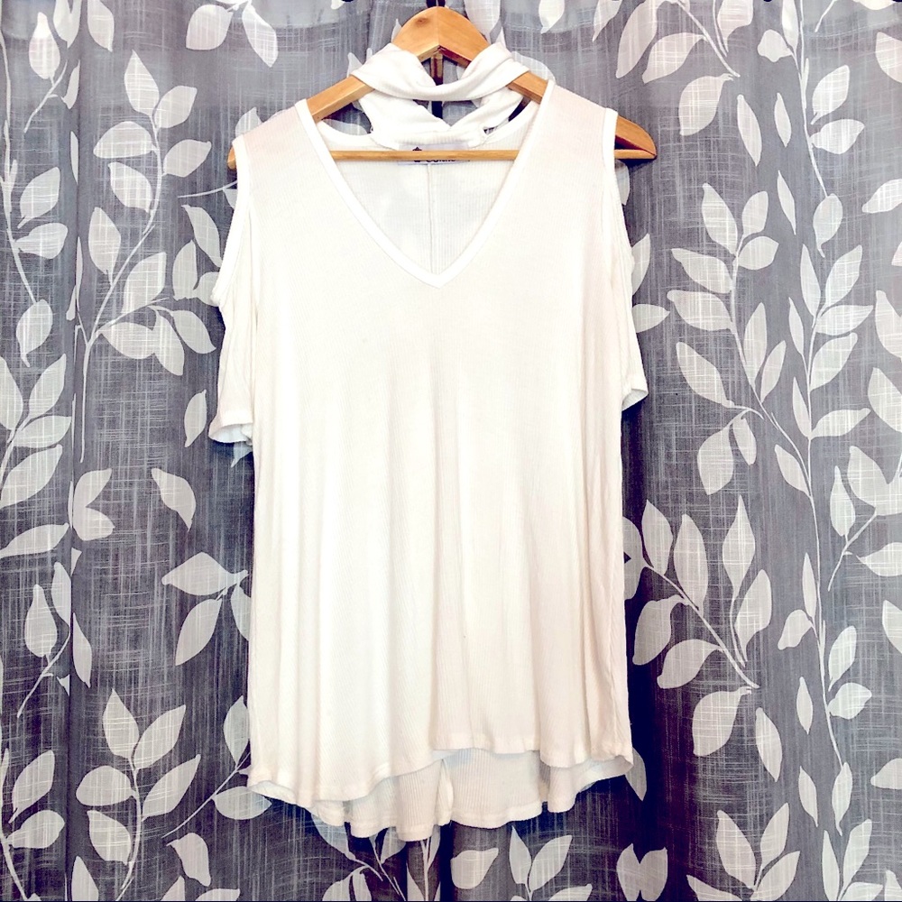 White Choker Cold Shoulder Ribbed Tank